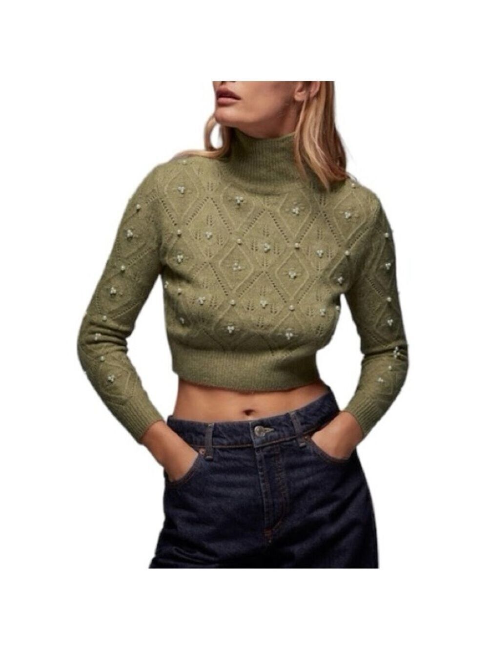 Zara Pearl Embellished Mock Turtle Neck Cropped Knit Sweater